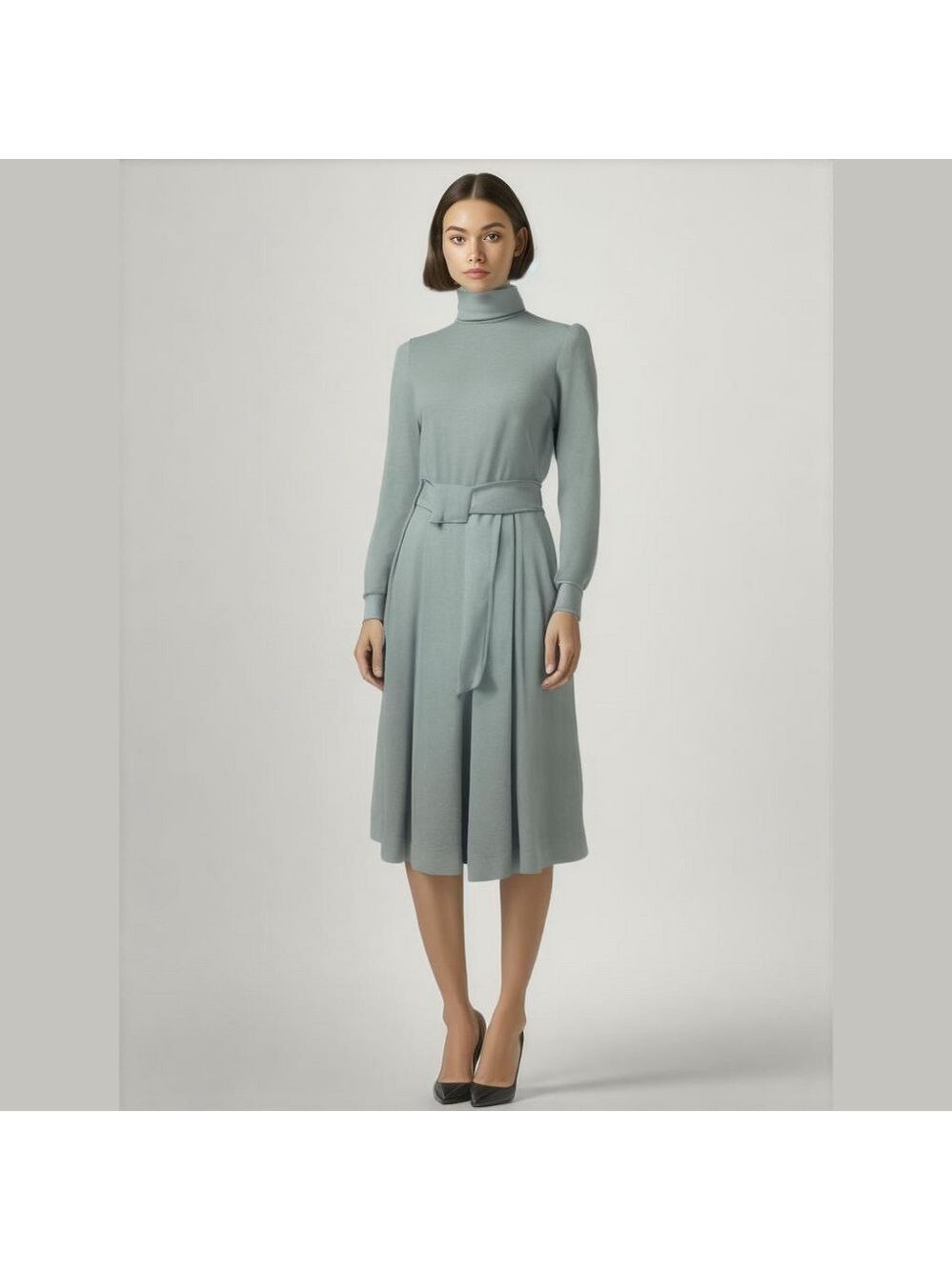 70s ICE BLUE MODEST MIDI DRESS HIGH NECK LACE INSERT SLEEVES PLEATED SKIRT SZ 8